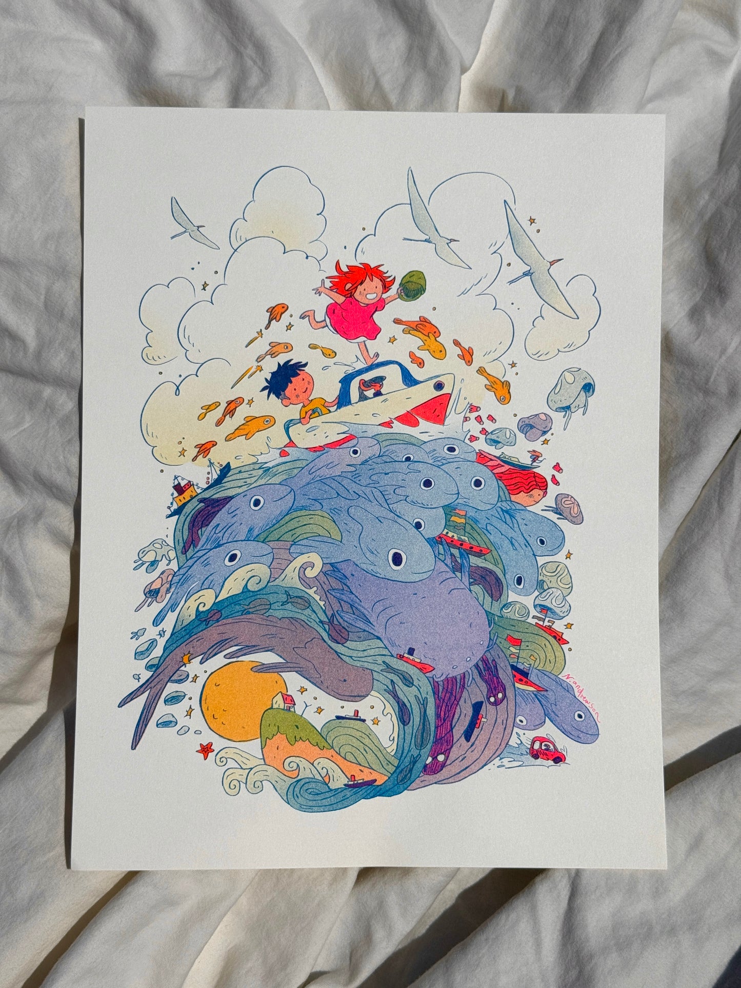 Ponyo on the Cliff by the Sea ~ Small Riso Print