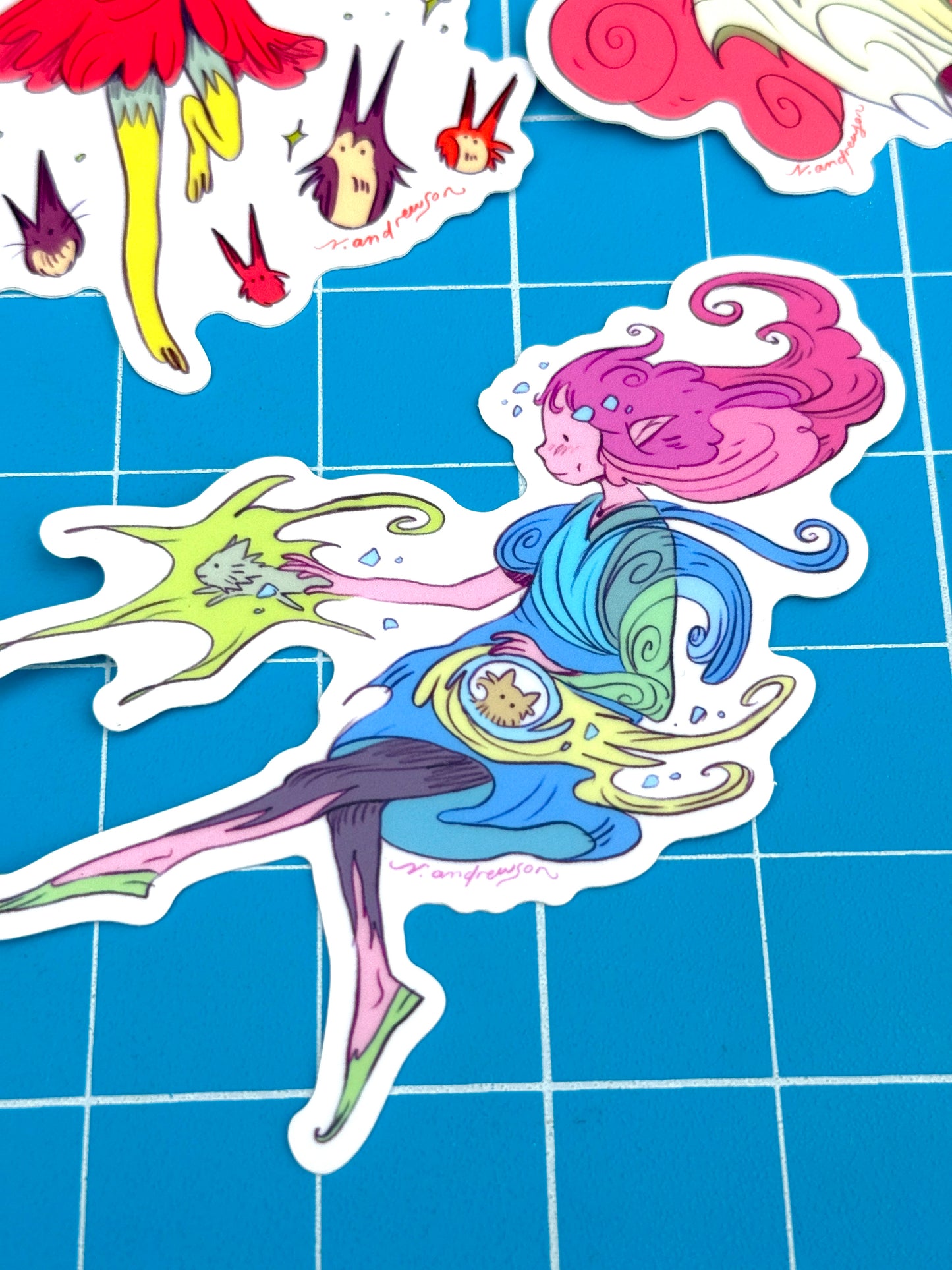 Flowy Girl with Cat Demons Sticker