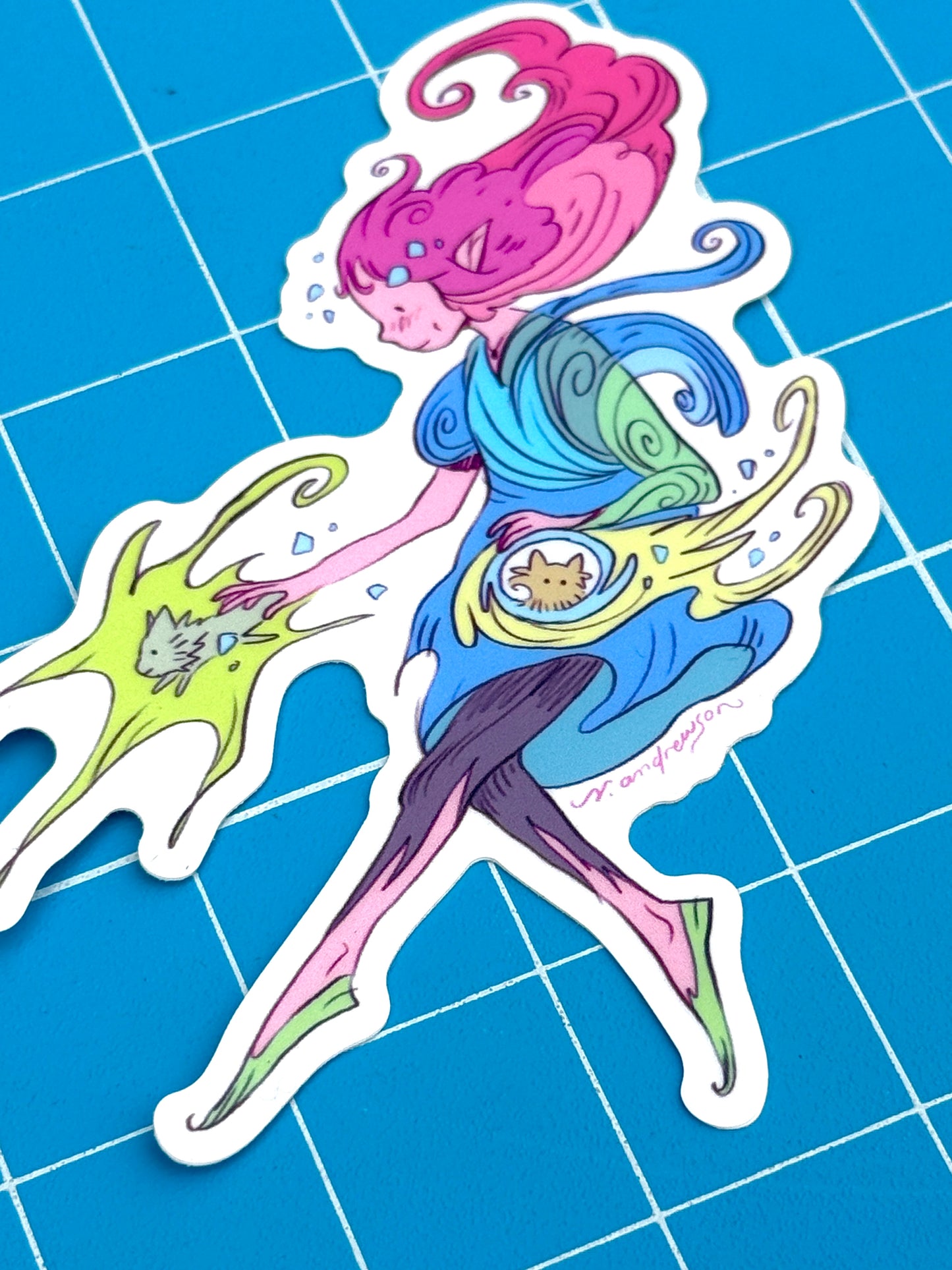 Flowy Girl with Cat Demons Sticker