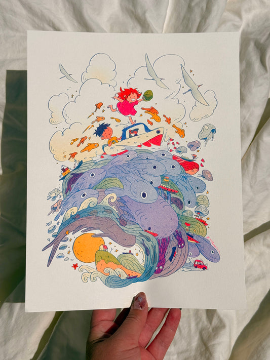 Ponyo on the Cliff by the Sea ~ Small Riso Print
