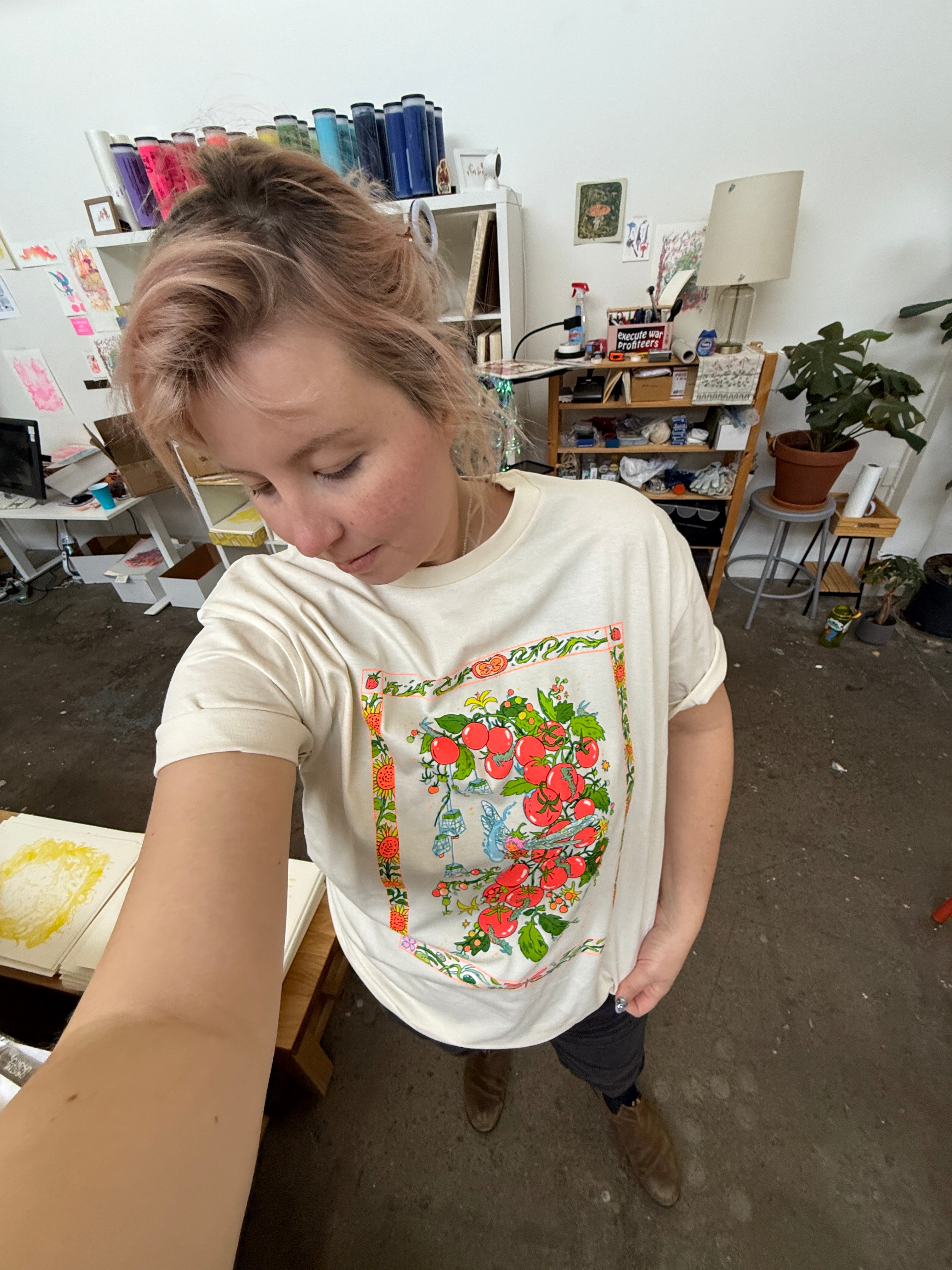 Flower Noisette Yuko Kurosawa Tシャツ Sunflower Fairy T-shirt ~ Fluorescent Pink Tomato Short Sleeved