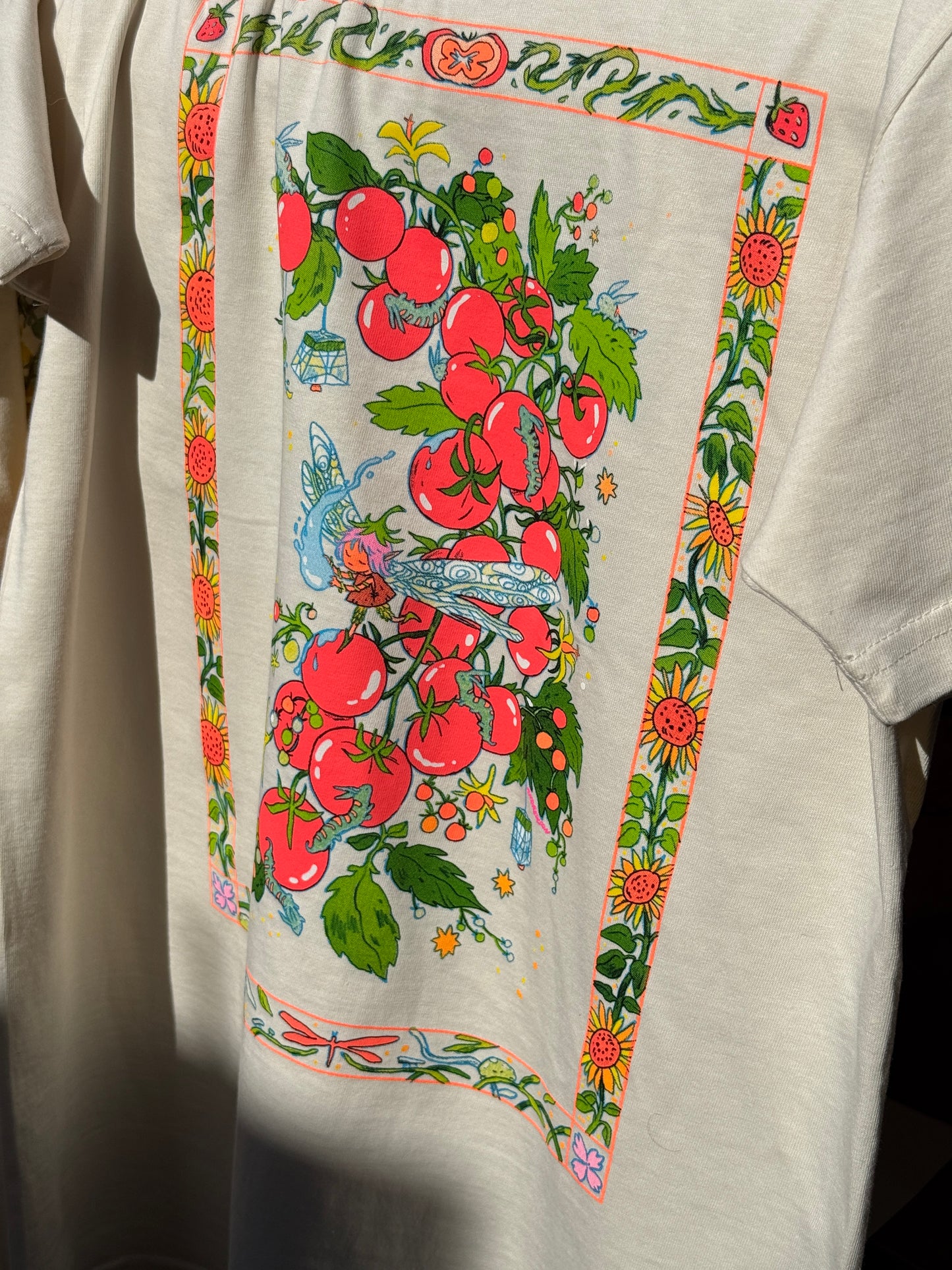 Sunflower Fairy T-shirt ~ Fluorescent Pink Tomato Short Sleeved Cream Shirt (Third Edition!)