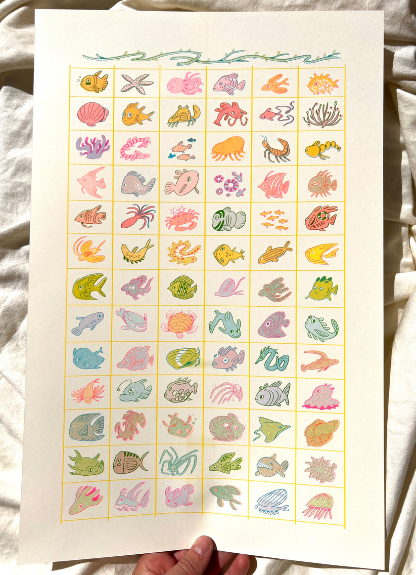 Blue Grid Paper Fish Fish Grid Large Riso Print – natalie andrewson