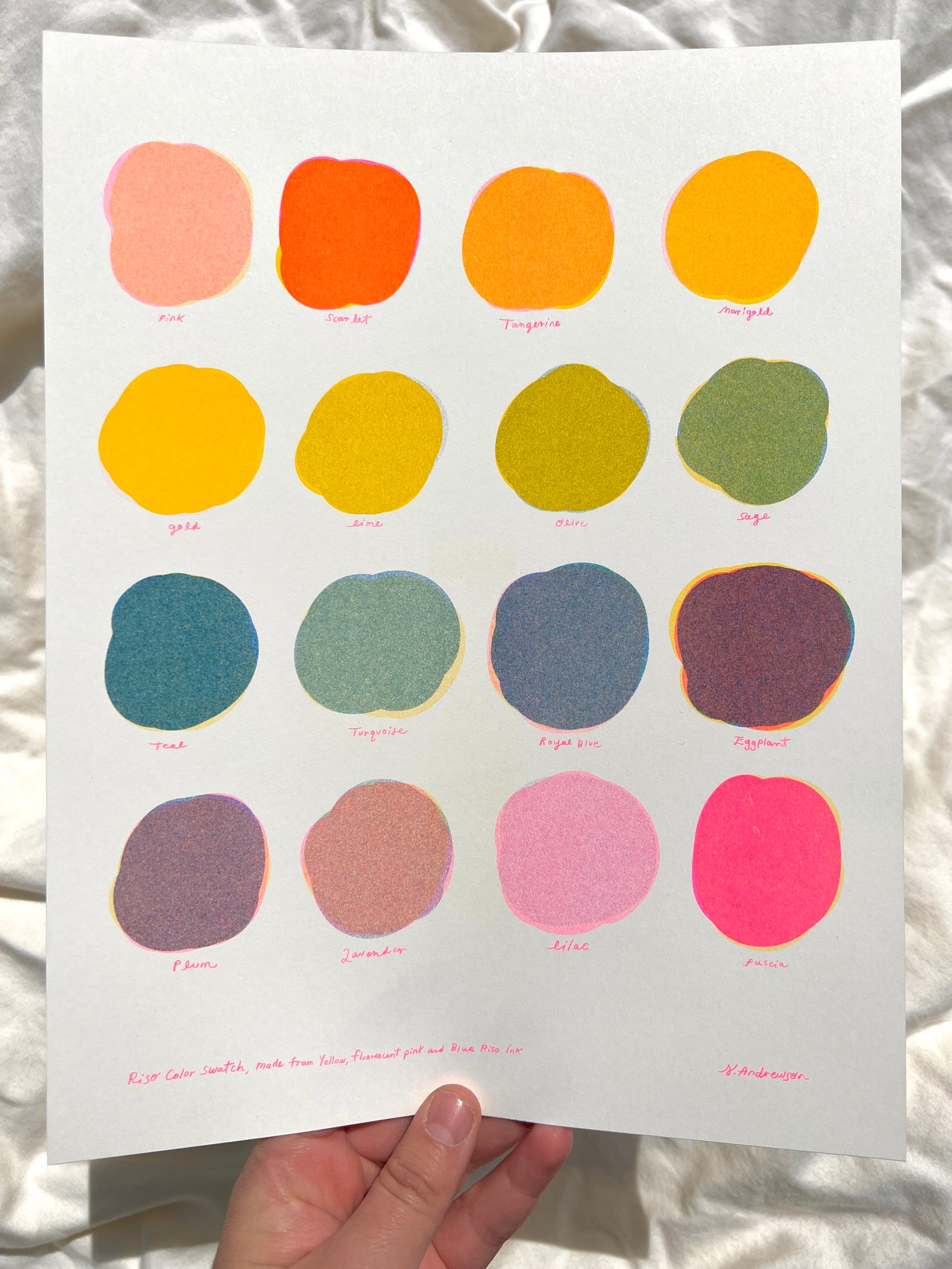 Riso Color Swatch in Blue, Yellow and Fluorescent Pink – natalie andrewson